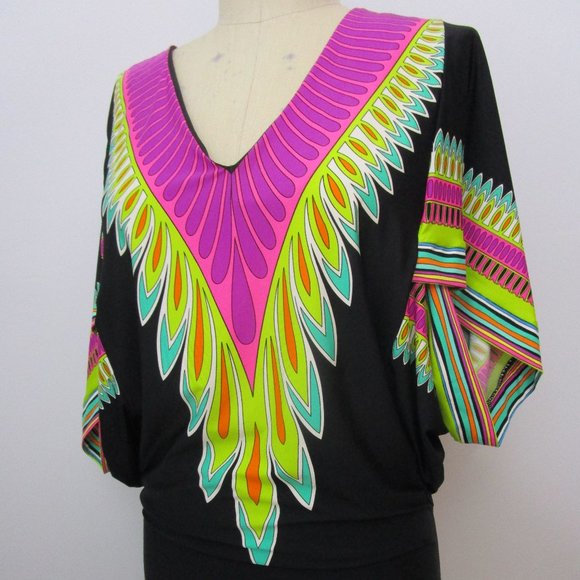 Tunic Dress Swim Coverup Neon Dashiki Print Pink Black Knit Vaca - Picture 3 of 11